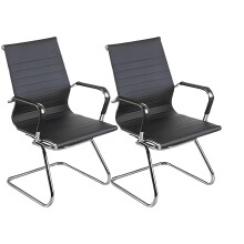 Black PU Leather Office Guest Chairs Set of 2, Ergonomic Curved Back, Chrome Frame, Floor‑Protective Pads