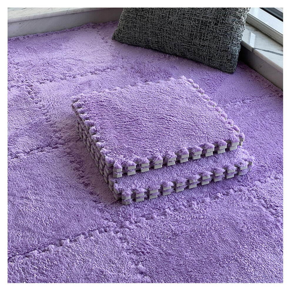 Plush Foam Floor Mat 10 Pcs Interlocking Carpet Tiles, Soft Shaggy Playmat With Border For Bedroom And Living Room Purple