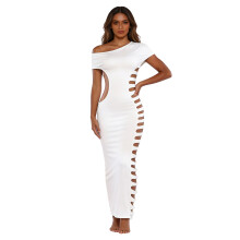 (M, White) Women's Solid Color Sleeveless Lingerie Dress Side Cutout Bodycon Long Gown Off One Shoulder Party Dress