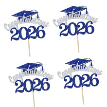 4PCS 2026 Graduation Cake Toppers Paper-blue and silver