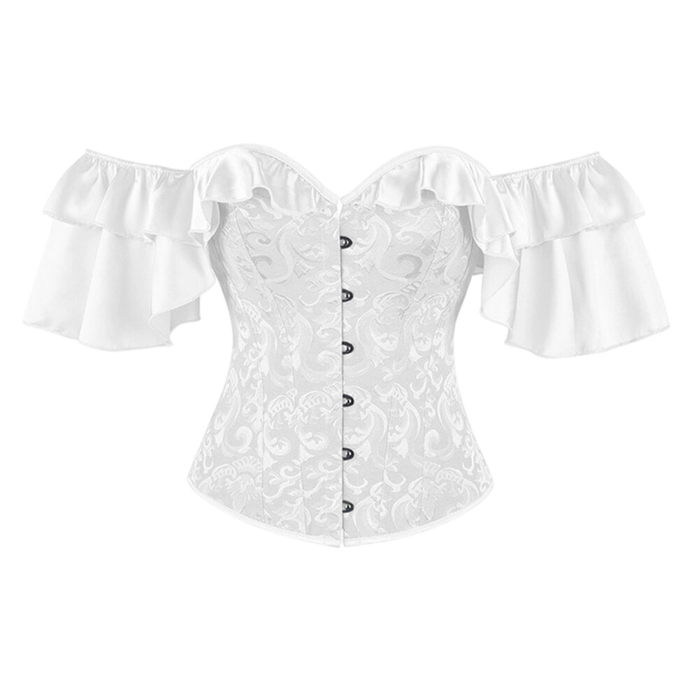 Satins Ruffle Sleeve Corset Top Off Shoulder Tie Up-White XXL