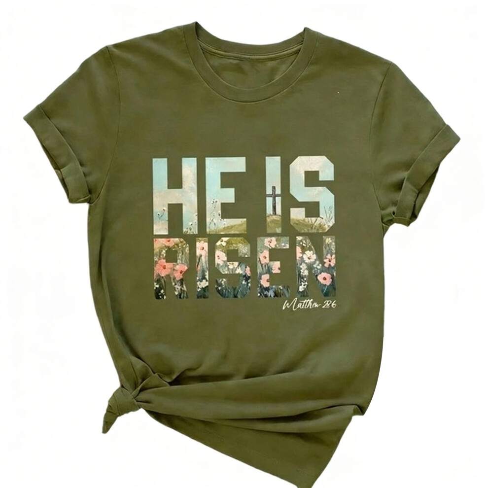 Green Women Cotton Round Neck Tee He Is Risen Religious-Army Xs