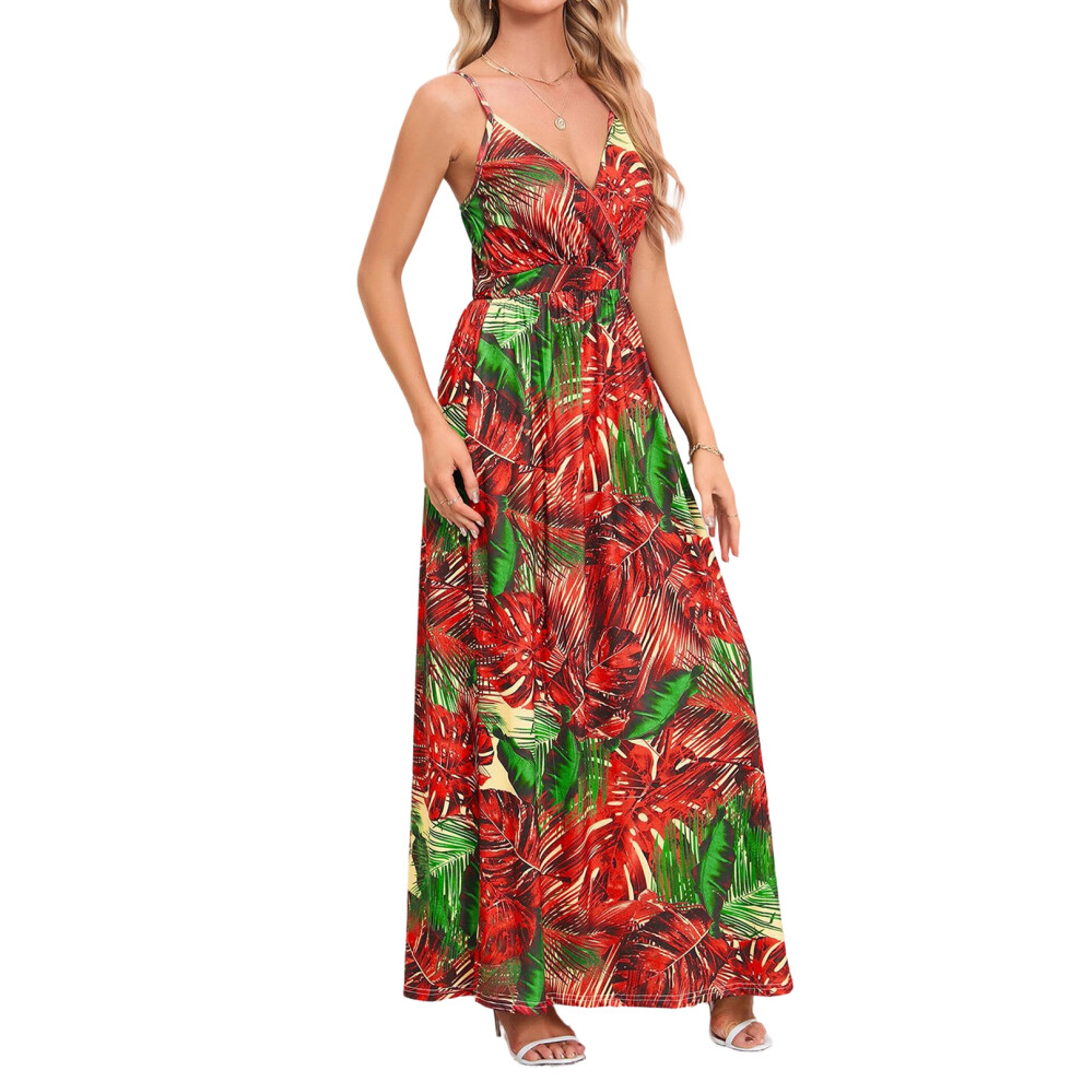 Red Women's Long Dress, Bohemian Floral Print V-Neck Long- M