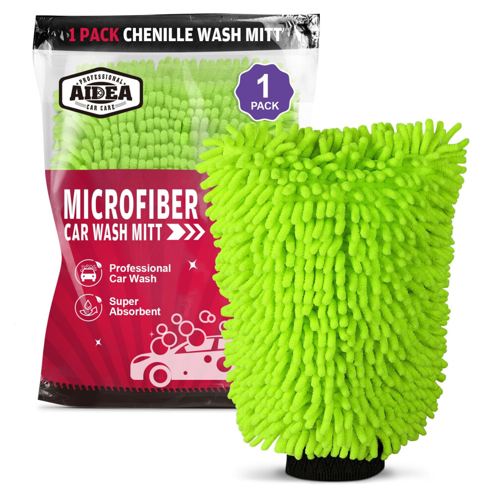 Chenille Microfiber Car Wash Mitt, Scratch Lint Cleaning Glove, Regular Size Green 9330225517870