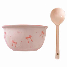 (Gray) Bow Print Color Ceramic Bowl Set Household High Aesthetic Bowl And Spoon Set