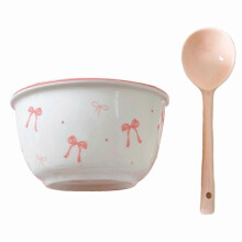 (Pink) Bow Print Color Ceramic Bowl Set Household High Aesthetic Bowl And Spoon Set