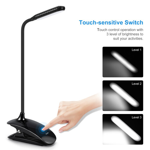 LED Reading Lamp Touch Sensor, USB Rechargeable Clip Light, 3Level Dimmable EyeCaring Gooseneck 1