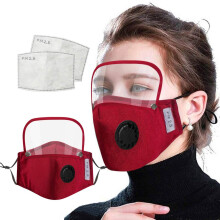 Reusable Cotton Face Mask with Breathing Valve and Eye Shield, Washable Dustproof Face Cover for Adults Red
