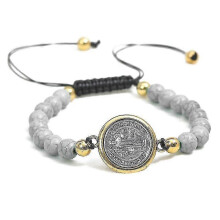 (White) Rosary Beads Bracelet Catholic Vintage Saint Benedict Medal Religious For Men - Ya
