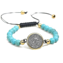(Green) Rosary Beads Bracelet Catholic Vintage Saint Benedict Medal Religious For Men - Ya