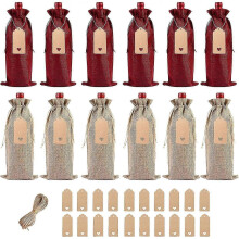 12 Pcs Burlap Wine Gift Bags, Jute Drawstring Wine Bottle Bags with Tags and Ropes, Wine Bottle Cover for Birthday Christmas Wedding Holiday Party Hal