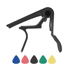 Black Aluminum Guitar Capo for Acoustic and Electric Guitars, QuickRelease Clamp, Buzzing, Includes 5 Picks