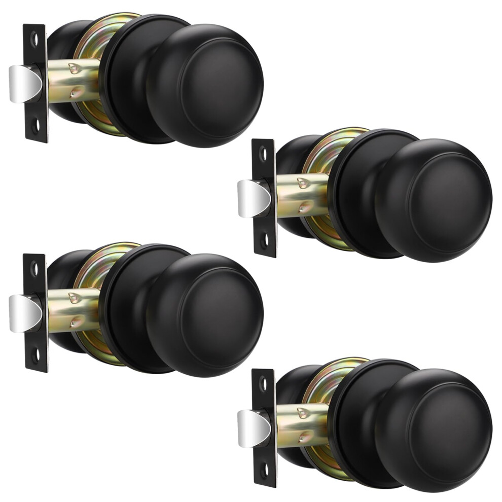 Black Matte Door Knobs 4 Pack, Keyless Interior Door Handles For Hallway Or Closet, Nolock Passage Set