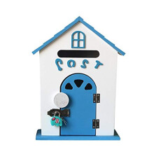 Wall Mounted Mail Organizer Lockable Wooden Mailbox Blue Vintage Letter Holder for Home Entryway