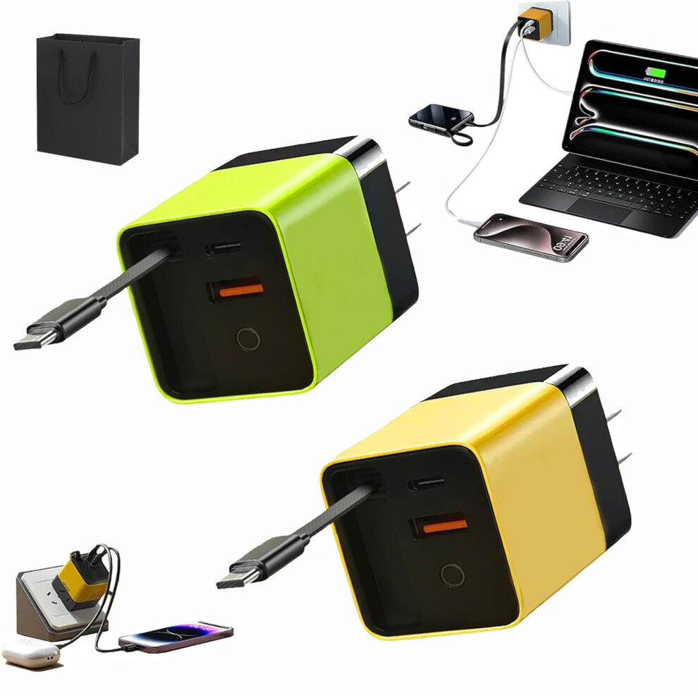80W Retractable Gan Charger 3 In 1 Fast Charging Wall Plug With Typec Cable And Dual Usb Ports 2Pcsa 9330225523437