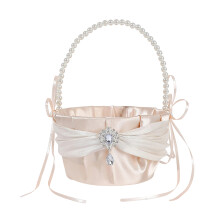 (One Size, Champagne) Pearl Flower Girl Baskets Elegant Handheld Decorative Satin Basket for Wedding Ceremonies and Celebrations