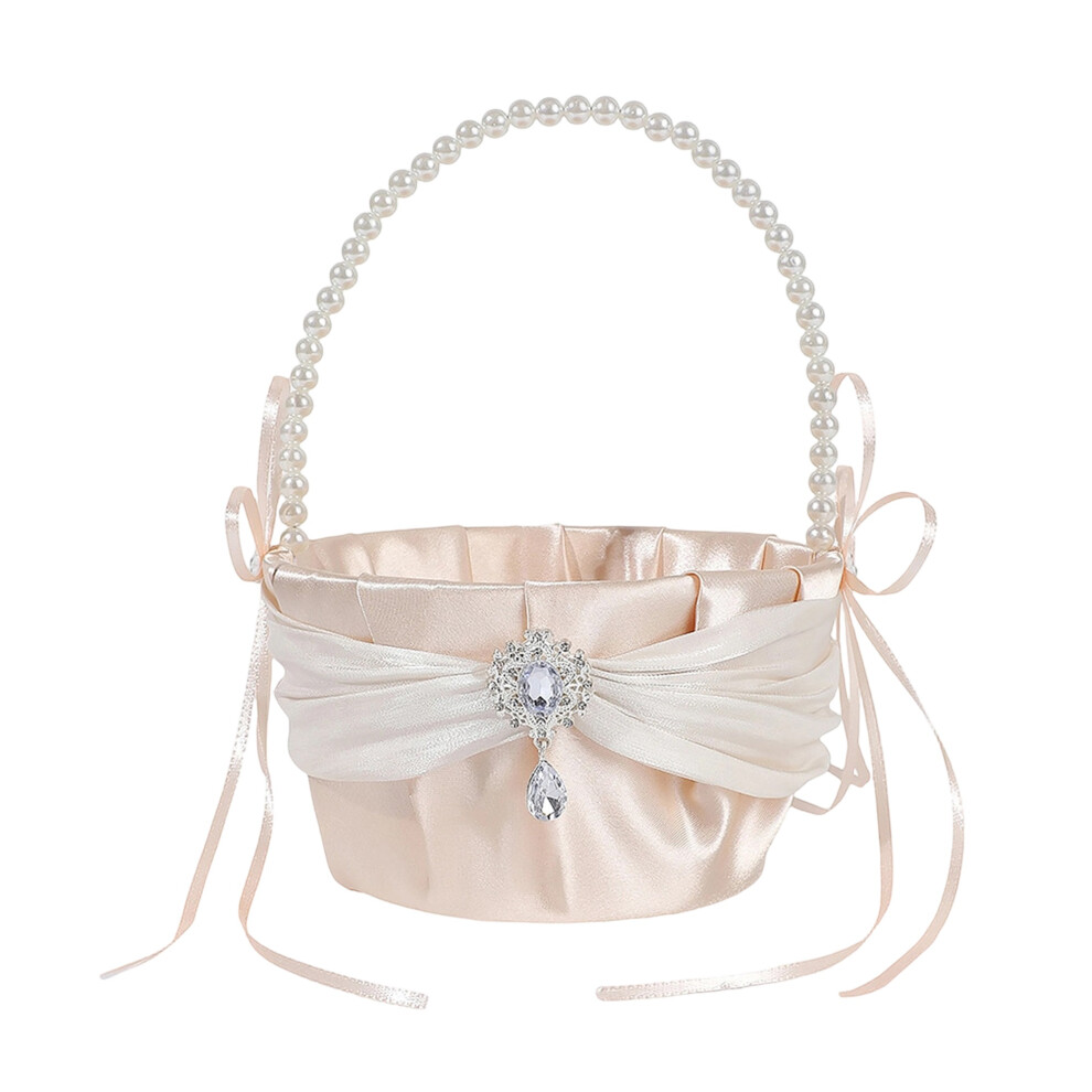 (One Size, Champagne) Pearl Flower Girl Baskets Elegant Handheld Decorative Satin Basket for Wedding Ceremonies and Celebrations
