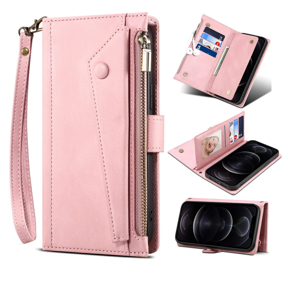 Magnetic Leather Wallet Case With Zipper Closure, 6Â8 Card Slots, Wrist Strap, For Samsung Galaxy A53 5G Pink 9073542186717