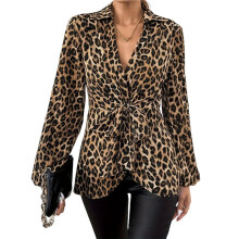 Damenbluse mit Leopardenmuster, Langärmlig, V-Ausschnitt, Reverskragen, Top, Trendiges Blusenhemd Leopardenmuster L