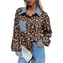 Women'S Striped Leopard Print Long Sleeve Blouses Cheetah Button Down Collared Shirts Leopard Print XXL
