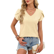 Dames T-Shirt met V-Hals, Zomerse Mouwen, Elegante Casual Top met Oogjesborduurwerk, Modieuze T-Shirts Geel S
