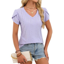 Damen-T-Shirt mit V-Ausschnitt, Sommerlichen Blütenblattärmeln, Elegant-Lässigen Oberteilen, Lochstickerei, Modischen T-Shirts Lila XXL