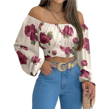 Schulterfreies, Gerafftes Crop-Top mit Bindeband Am Rücken, Sommerliche Laternenärmel, Boho-Stil Weißer Rosendruck S