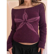 Damen Y2k Schulterfreier Pullover Vintage Blumen Grafik Langarm Strickpullover Slim Streetwear Lila Rot M