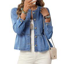 Women'S Peplum Denim Jackets Collarless Round Neck Button Down Cropped Ruffle Hem Jacket S