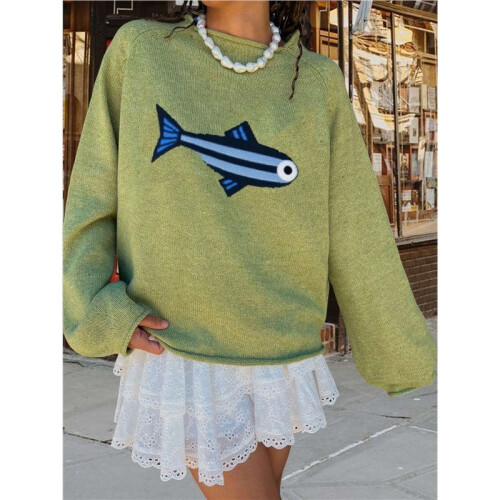 Damen-Pullover mit Rundhalsausschnitt, Rippstrick, Fisch-Grafik, Oversize-Pullover im Y2k-Stil Hellgrün M 1