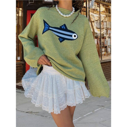 Damen-Pullover mit Rundhalsausschnitt, Rippstrick, Fisch-Grafik, Oversize-Pullover im Y2k-Stil Hellgrün M 2