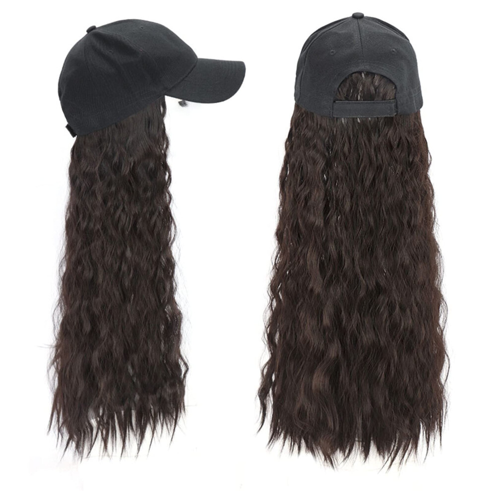 Unisex Black/Brown Wig Hat For Women Long Wavy Synthetic Hair 24' Baseball Cap Wig With Adjustable Fit And Natural Look