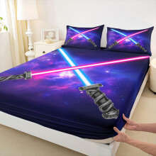 Full Size Deep Pocket Fitted Sheet Set 16 Inch, Blue Starry Lightsaber Design, Soft Polyester Wrinkle Bedding for Boys and Girls
