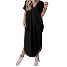 Beach Dresses for Women Fall Short Sleeve Vneck Maxi-Black XL