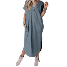 Beach Dresses for Women Fall Short Sleeve Vneck Maxi-Blue XXL