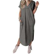 Beach Dresses for Women Fall Short Sleeve Vneck Maxi-Gray S