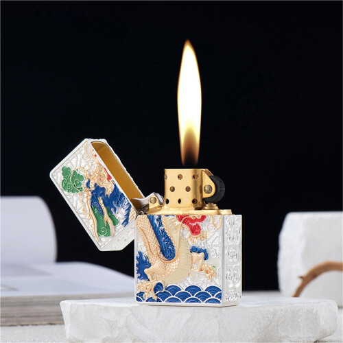 Retro Dragon Windproof Lighter Refillable Brass Kerosene with Embossed DoubleSided Dragon Design 1