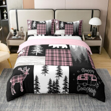 Pink and Black Buffalo Plaid Cotton Duvet Cover Twin Size Bedding Set with Zipper Ties