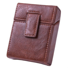 Leather Cigarette Case for Men, PU Crush Proof Storage Box with Lighter Holder Pocket, Dark Brown