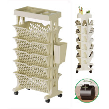 5 Tier Rolling Bookshelf with Wheels, Khaki Mobile Storage Cart with Lockable Casters for Small Spaces