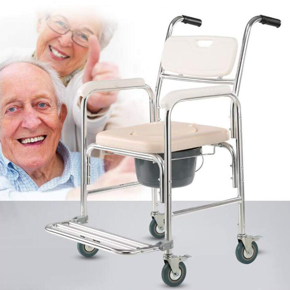 White Mobility Commode Chair With Wheels, Aluminum Alloy Rolling Shower Chair For Elderly And Disabled