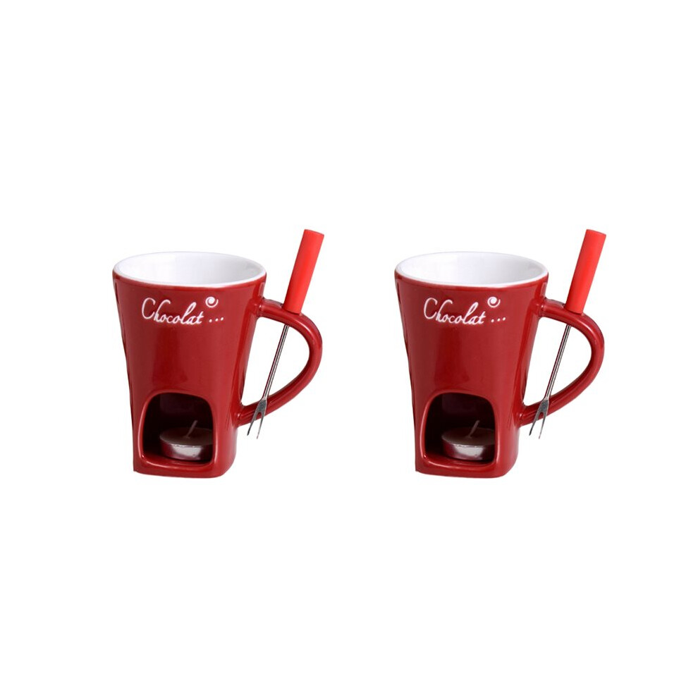 2X Fondue Mug Set Chocolate Cheese Milk Making Set Single Butter Melter Baking Cup Candlestick Cream/Red 6032332954939