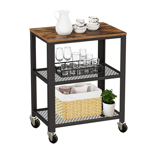 Kitchen Trolley, 3-Tier, Steel Frame, Wood Shelves