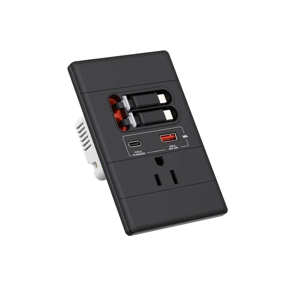 Usb C Wall Outlet With Gan Pd20w Usb-C&Usb-A&Retractable Usb C/ Cables,Tamper-Resistant,15A 125V, Black 4713606596926