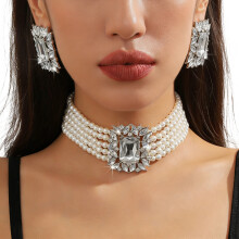 Stylish Layering Imitation Pearls With Geometric Crystal-White