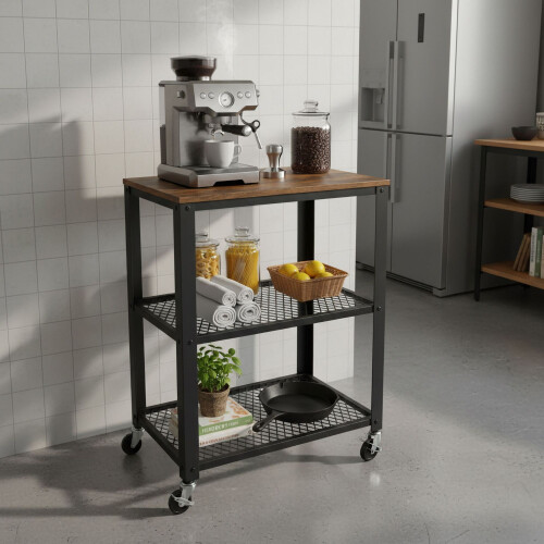 Kitchen Trolley, 3-Tier, Steel Frame, Wood Shelves 2
