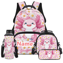 Girls Backpack Set Pink Axolotl 17 Inch School Backpack with Lunch Box Pencil Case and Water Bottle Holder 4‑in‑1
