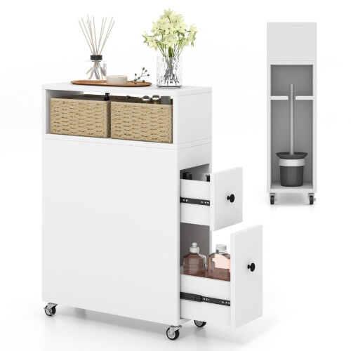 Movable bathroom cabinet with 2 pull-out drawers & brush holder for small spaces white 2
