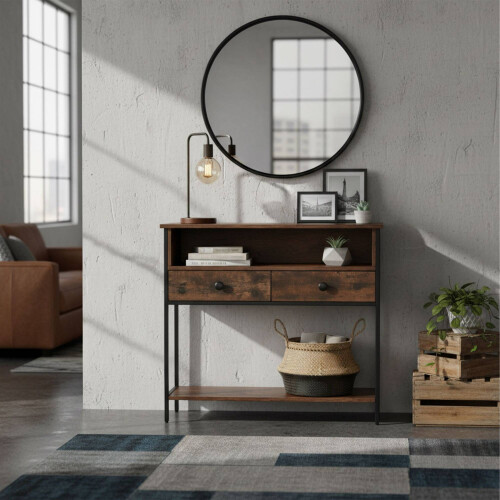Industrial Console Table with Drawers and Shelves 2