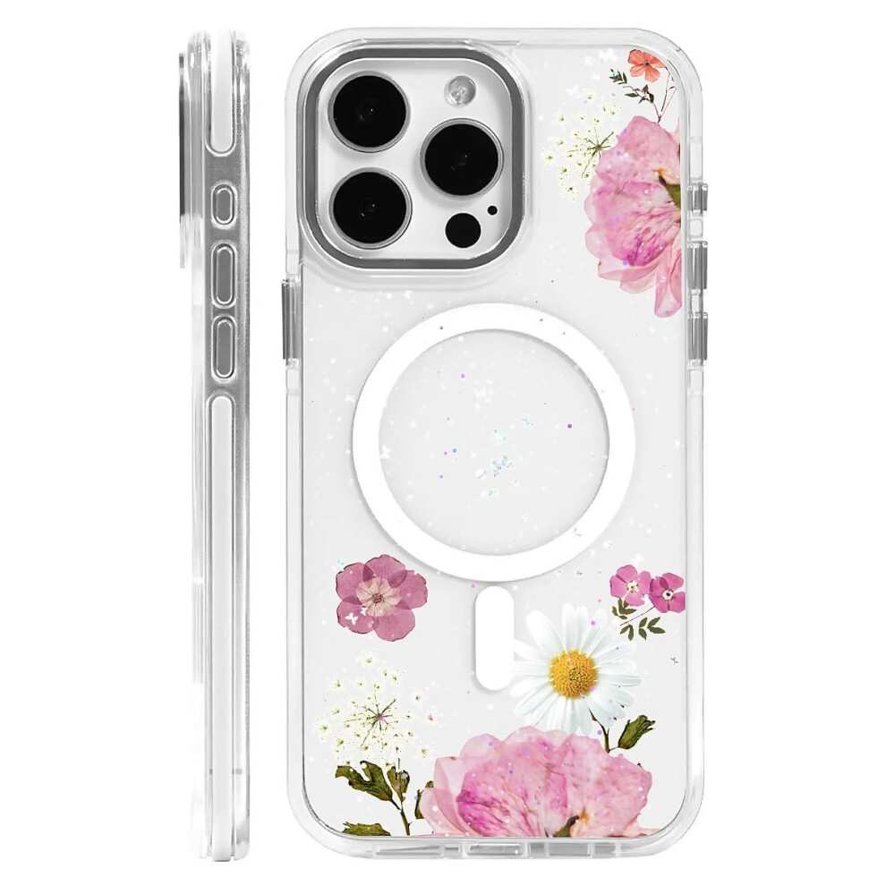 Pressed Flower Clear Shockproof Cover With Raised Edge Protection Case For Magsafe Iphone 15 Pro Pink 9330225527350